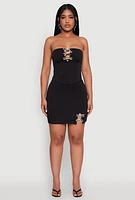 Womens Rhinestone Bow Detail Corset Tube Top, Black, Size L