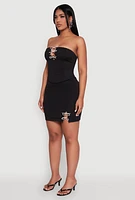 Womens Rhinestone Bow Detail Corset Tube Top, Black, Size L