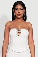 Womens Rhinestone Bow Detail Corset Tube Top, White, Size L