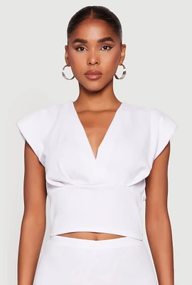 Womens Padded Shoulder V Neck Top, White, Size M