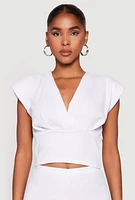 Womens Padded Shoulder V Neck Top, White, Size M