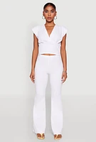 Womens Padded Shoulder V Neck Top, White, Size M