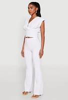 Womens Padded Shoulder V Neck Top, White, Size M