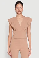 Womens Padded Shoulder V Neck Top, Beige, Size XL