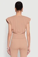 Womens Padded Shoulder V Neck Top, Beige, Size XL