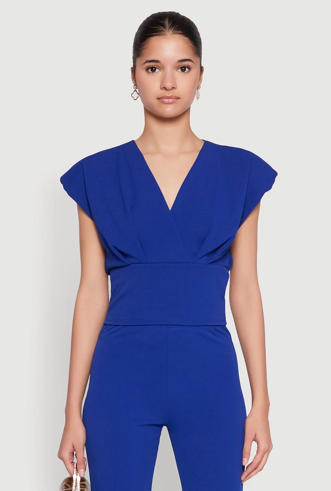 Womens Padded Shoulder V Neck Top, Blue, Size M