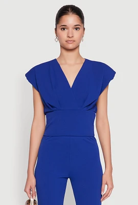 Womens Padded Shoulder V Neck Top, Blue, Size M