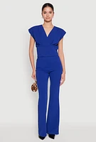 Womens Padded Shoulder V Neck Top, Blue, Size M
