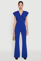 Womens Padded Shoulder V Neck Top, Blue, Size M