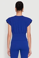 Womens Padded Shoulder V Neck Top, Blue, Size M