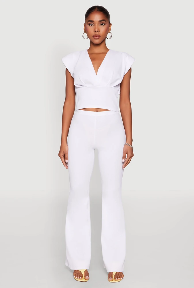 Womens Crepe Knit High Waisted Pants, White,