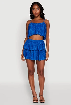 Womens Plisse Tiered Mini Skirt, Blue,