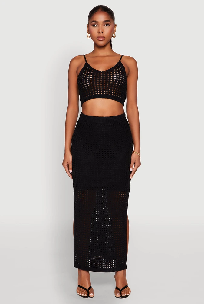 Womens Lined Crochet Maxi Skirt, Black, Size S