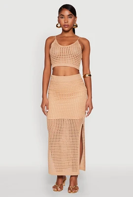 Womens Lined Crochet Maxi Skirt, Khaki, Size L