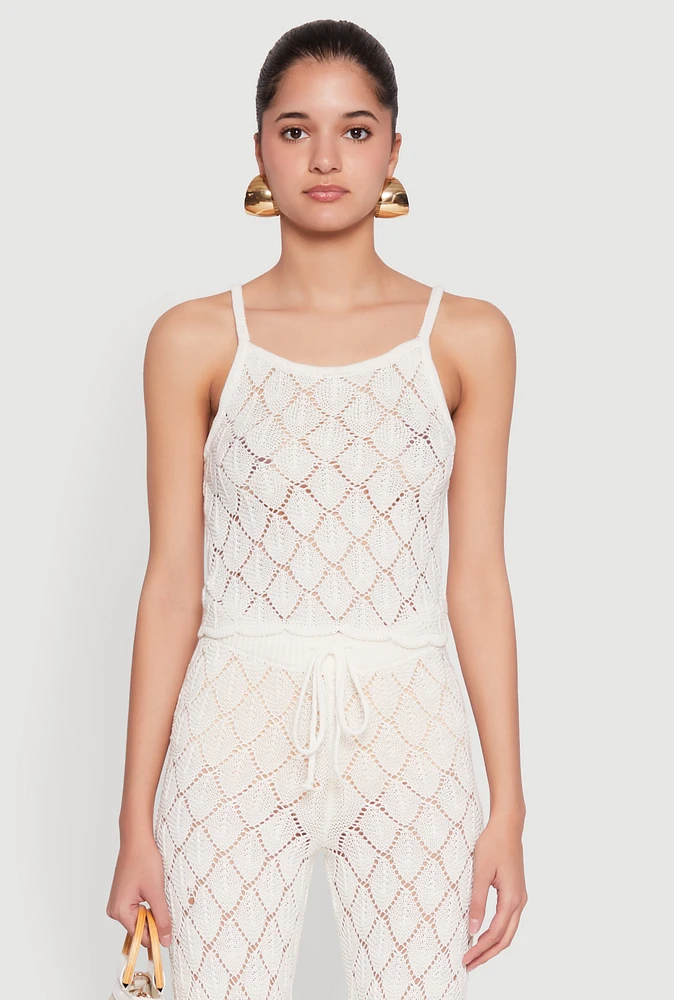 Womens Crochet Diamond Knit Cami, White, Size XL