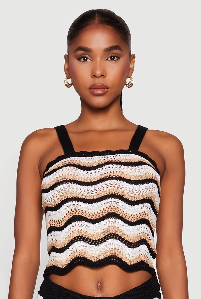 Womens Wavy Striped Crochet Crop Top,