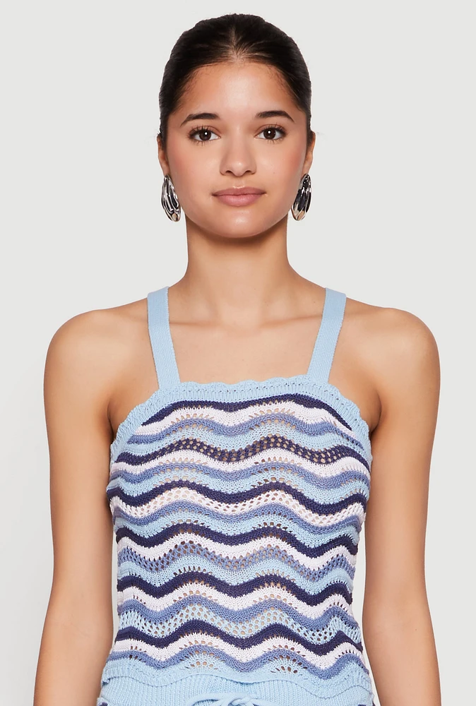 Womens Wavy Striped Crochet Crop Top, Blue,