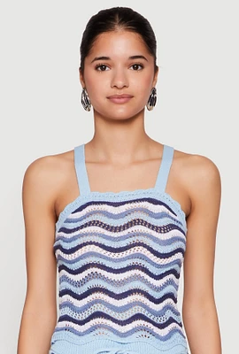 Womens Wavy Striped Crochet Crop Top, Blue,