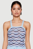 Womens Wavy Striped Crochet Crop Top, Blue,