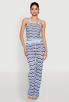 Womens Wavy Striped Crochet Crop Top, Blue,