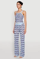 Womens Wavy Striped Crochet Crop Top, Blue,
