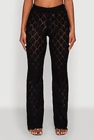 Womens Crochet Diamond Knit Pants, Black, Size M