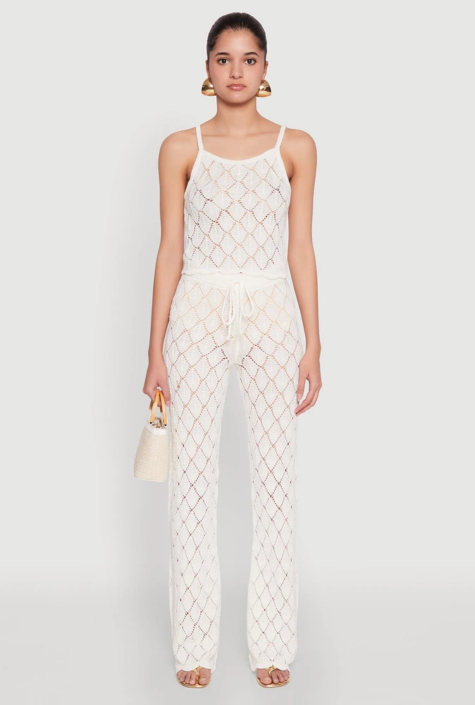 Womens Crochet Diamond Knit Pants, White, Size XL