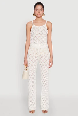 Womens Crochet Diamond Knit Pants, White, Size XL