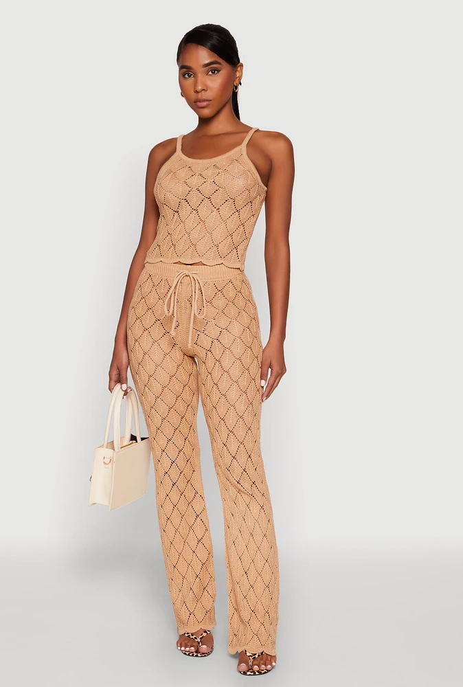 Womens Crochet Diamond Knit Pants, Khaki,