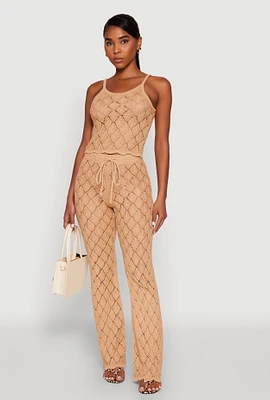 Womens Crochet Diamond Knit Pants, Khaki,