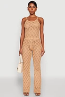 Womens Crochet Diamond Knit Pants, Khaki,