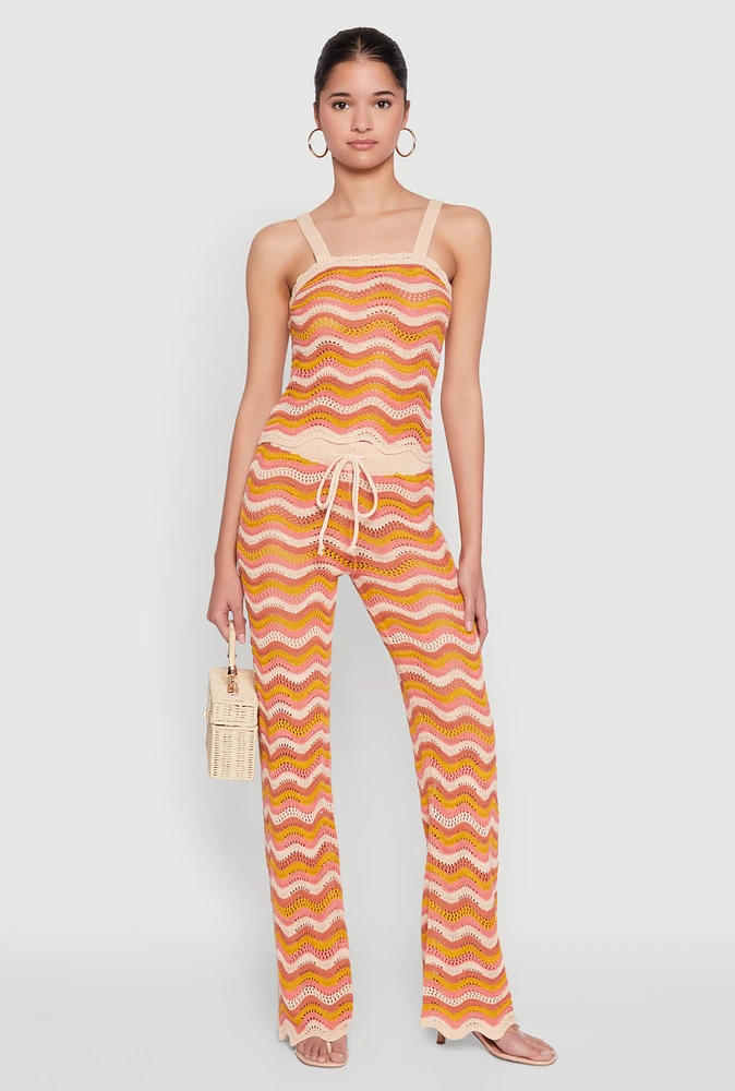 Womens Wavy Striped Crochet Pants, Orange, Size L