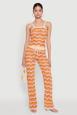 Womens Wavy Striped Crochet Pants, Orange, Size L