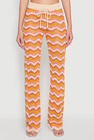 Womens Wavy Striped Crochet Pants, Orange, Size L