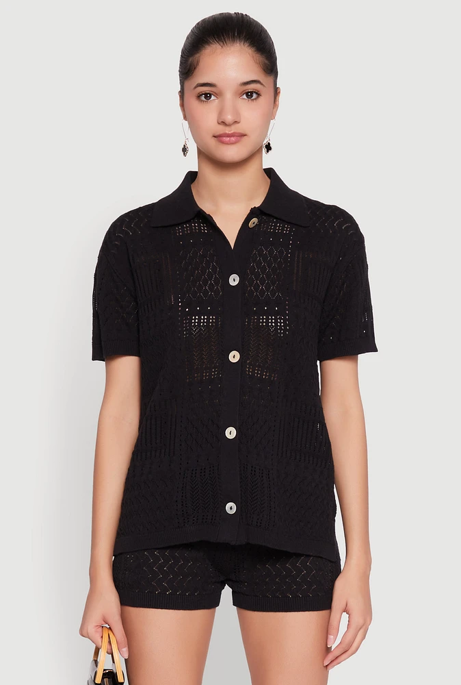 Womens Pointelle Crochet Button Front Shirt, Black, Size S