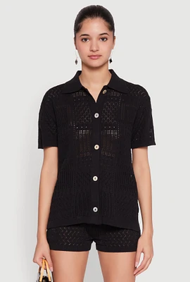 Womens Pointelle Crochet Button Front Shirt, Black, Size S