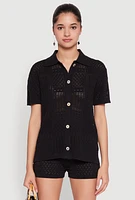 Womens Pointelle Crochet Button Front Shirt, Black, Size S
