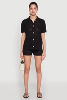 Womens Pointelle Crochet Button Front Shirt, Black, Size S