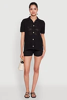 Womens Pointelle Crochet Button Front Shirt, Black, Size S