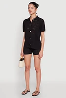 Womens Pointelle Crochet Button Front Shirt, Black, Size S