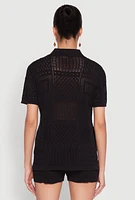 Womens Pointelle Crochet Button Front Shirt, Black, Size S