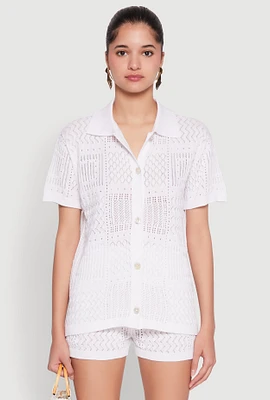 Womens Pointelle Crochet Button Front Shirt, White, Size L