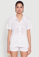 Womens Pointelle Crochet Button Front Shirt, White, Size L