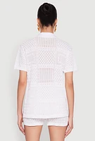 Womens Pointelle Crochet Button Front Shirt, White, Size L