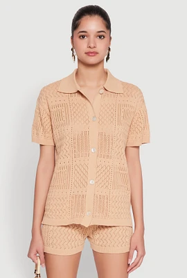 Womens Pointelle Crochet Button Front Shirt, Beige, Size M