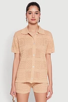 Womens Pointelle Crochet Button Front Shirt, Beige, Size M