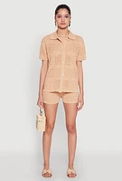 Womens Pointelle Crochet Button Front Shirt, Beige, Size M