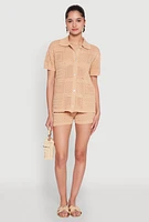 Womens Pointelle Crochet Button Front Shirt, Beige, Size M