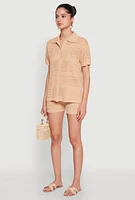 Womens Pointelle Crochet Button Front Shirt, Beige, Size M