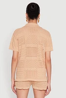 Womens Pointelle Crochet Button Front Shirt, Beige, Size M